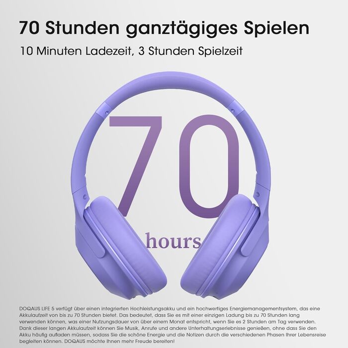 Бездротові навушники DOQAUS Bluetooth з довгим терміном служби (70 годин), Over-Ear, Bluetooth 5.4, з кабелем, 3 режими EQ, Hi-Fi стерео для подорожей/телефону/ПК (фіолетові)