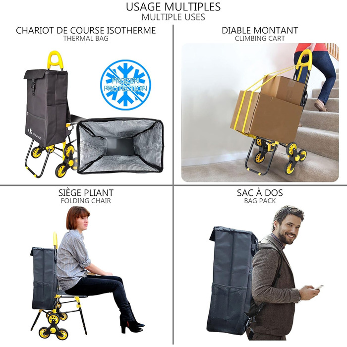 VOUNOT Shopping Cart with Stairs Climber, Cooler Compartment & Folding Seat - 3-Wheel Folding Grocery Cart (40L)