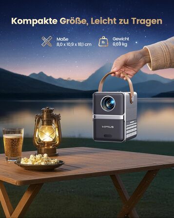 Mini проєктор Beamer 4K з WiFi 6, Dolby Audio та підтримкою Netflix | 1080P Full HD, інтегровані додатки, автоматичне фокусування, вертикальна корекція трапецеїдальних спотворень, короткофокусний, сріблясто-сірий