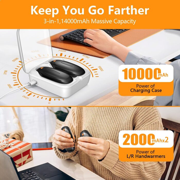 Електричні грілки для рук 2 шт. 4000mAh з зарядним кейсом 10000mAh, 3 режими нагріву, USB-C, для катання на лижах, кемпінгу, подарунок (Чорний)