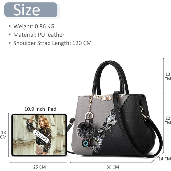 Сумка жіноча DIRRONA велика – сумка через плече та шопер з квітковою вишивкою та помпонами, ідеальна для роботи, відпочинку, подорожей, офісу, вечірок та весіль, колір сірий