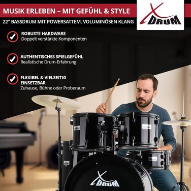 XDrum Rookie 22' барабанний комплект Standard Black - ідеальний для початківців, стильна фурнітура, з паличками 5B, інструкцією та школою барабанщиків