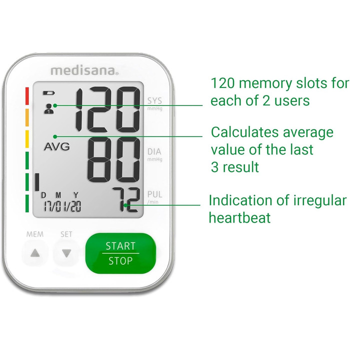 Тонометр Medisana BU 565 для вимірювання артеріального тиску на плечі, з пам'яттю, великим дисплеєм, шкалою-індикатором та функцією виявлення аритмії, без Bluetooth