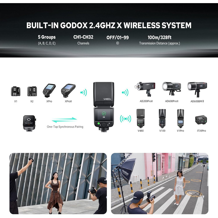 Спалах для камери Godox V480C з TTL, сенсорним екраном та регульованою головкою, GN50, HSS 1/8000s, 650 спахів, час перезарядки 1.7 сек (для Fujifilm та Canon)