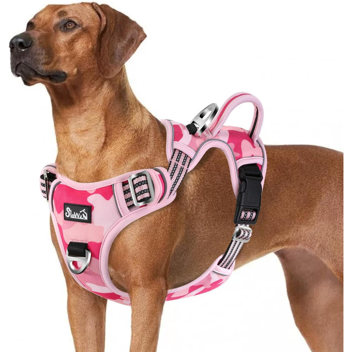 Нашийник для собак великих порід, шлейка з двома карабінами та зручною ручкою, регульована та світловідбиваюча, для щоденних тренувань (L), камуфляж рожевий