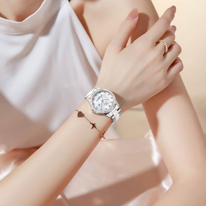 Годинник жіночий OLEVS з діамантами, елегантний, дорогий, на браслеті з рожевого золота, з керамічним склом (3651 Silver)