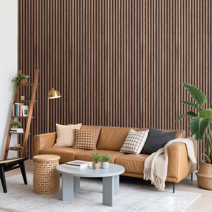 Акустичні панелі з дерев'яного шпону самоклеючі, набір 2 шт. 100x52 см, звукопоглинаючі стінові панелі для шумоізоляції та декору вітальні, офісу, коричневі