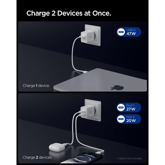 Зарядний пристрій Spigen ArcStation Essential GaN 47W USB-C з PPS, PD 3.0 – для iPhone, Pixel, Samsung, MacBook (Білий)