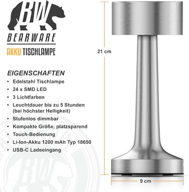 LED настільна лампа CSL бездротова, диммувана – 3 кольори світла, акумулятор, сенсорне управління, USB-C, вінтажний стиль, нержавіюча сталь, для дому та вулиці