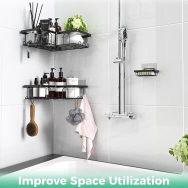 Дзеркальна поличка для душу без свердління, 2 шт. Органайзер для ванної кімнати з 8 гачками, швидковисихаюча поличка для душу, велика місткість, міцна підставка для шампуню (Чорний). 2 шт. Дзеркальна поличка для душу прямокутна (3 шт. куткова поличка для 