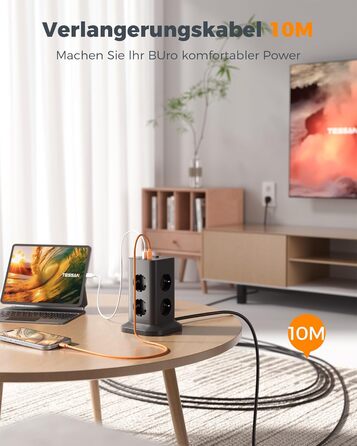 Багаторозетка TESSAN з захистом від перенапруги 3600W 16A, 8 розеток, USB-C, подовжувач 2м, сіра. Розподільник розеток для дому