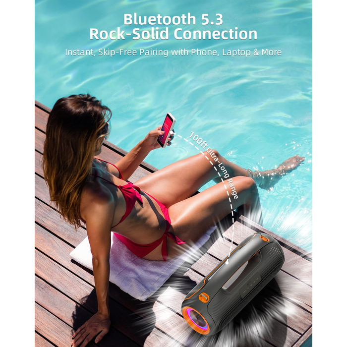 VUOPAX Портативна Bluetooth колонка з 2 сабвуферами, 200W, 24h акумулятор, IP65, DSP, TWS, TF/USB/AUX, для дому та вечірок