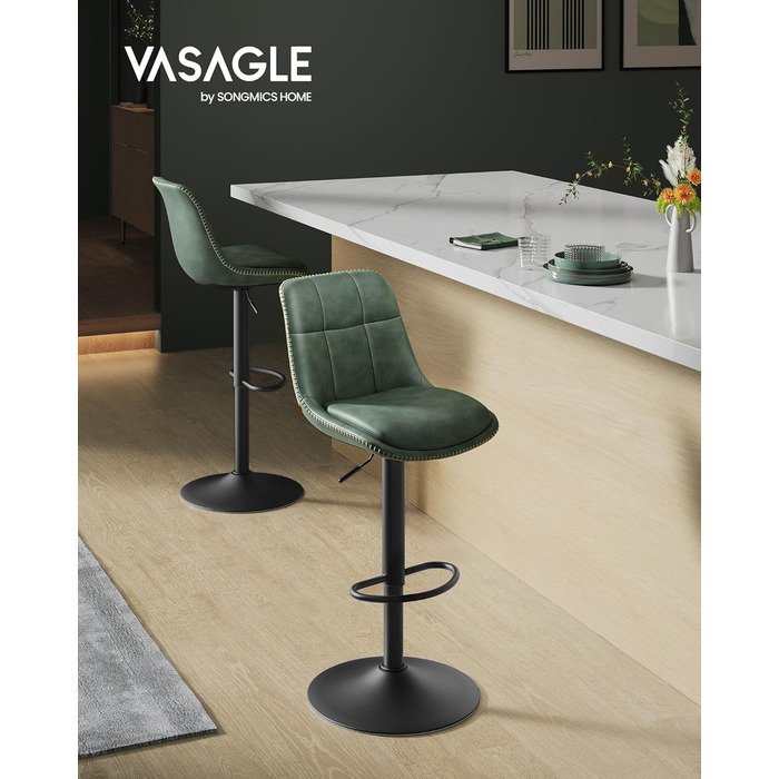 Барні стільці VASAGLE 2 шт. регульовані по висоті, обертаються, зі спинкою та підніжкою, для кухні, їдальні, бару, сталеві, LJB095K01 (зелений, PU)