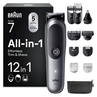Braun Series 7 All-in-One 12-в-1: Триммер для бороди, носа, волосся (обличчя, тіла, голови) AIO7545, сірий, акумулятор 120 хв, 14 насадок (0.1-21 мм), водонепроникний