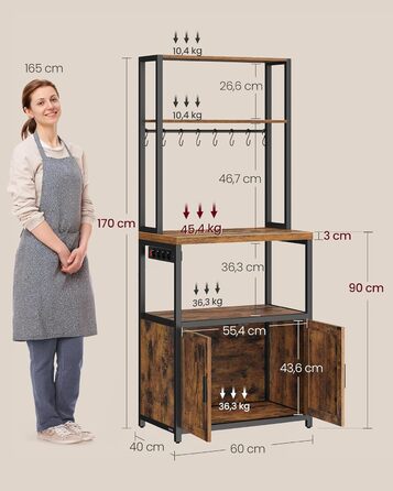 Полиця кухонна VASAGLE з розетками, кухонна шафа, робоча поверхня 90 см, стелаж з 8 гачками, 40 x 60 x 170 см, вінтажний коричневий + чорний, KKS058K02
