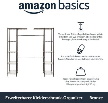 Amazon Basics Extendable Open Wardrobe with 10 Height-Adjustable Shelves - Maximum Weight Capacity 521 kg, 144.8 - 203.2 x 35.6 x 182.9 cm (Bronze)