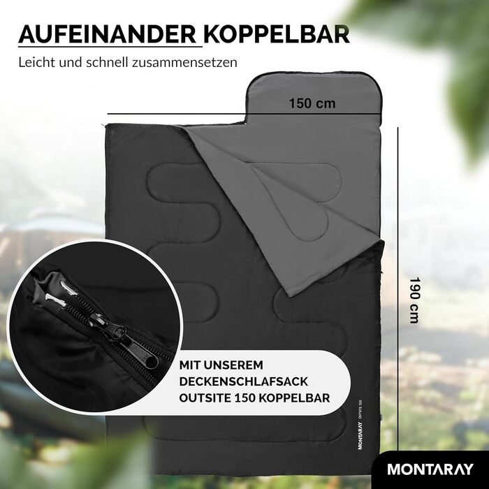Montaray® Hooded Sleeping Bag -3°C - Outdoor Winter & Summer Sleeping Bag for Men & Women - 3-4 Season, 75x220cm, Hut Sleeping Bag, Black, 280GSM