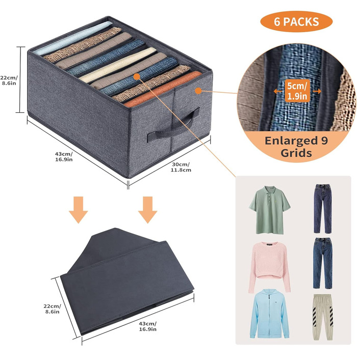 BIGLUFU 6-Piece Closet Organizer Fabric Folding Storage Boxes Set with 7 Compartments Drawer Organization System Storage for Clothes, T-shirts, Pants, Underwear, Jeans (9 Compartments)