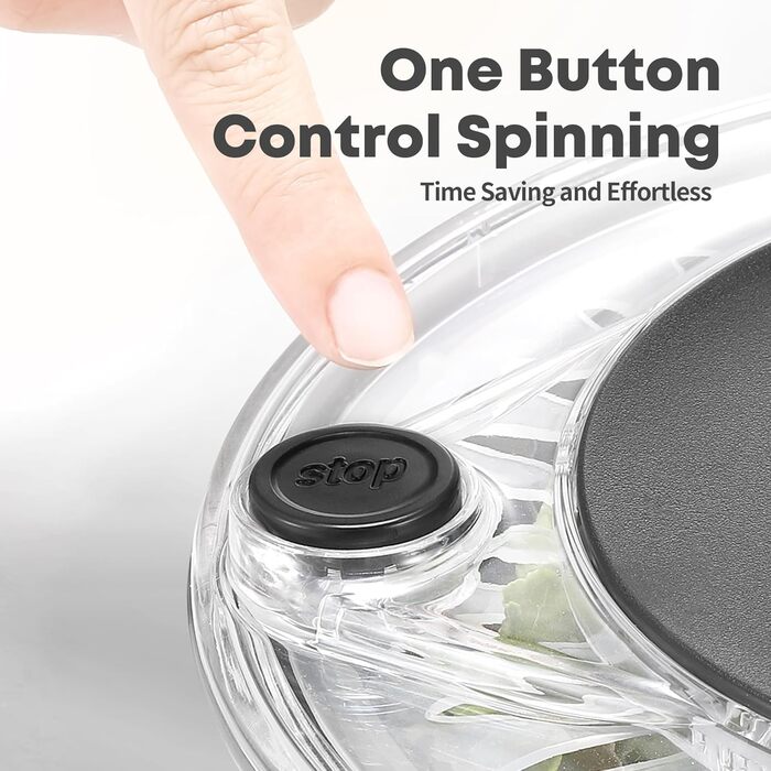 Салатниця-центрифуга 5л з нержавіючої сталі, з кнопкою стоп, без BPA, прозора кришка, отвір для зливу, антиковзаюча основа, чорна