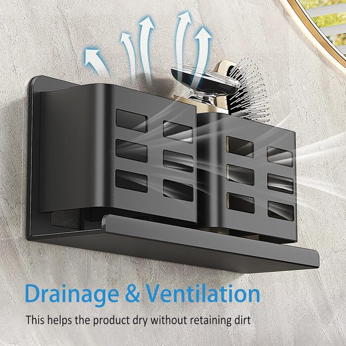 Тримач для зубних щіток на стіну без свердління, алюміній, чорний колір, самоклеюча кріплення для зубних щіток, пасти, бритви та гребеня
