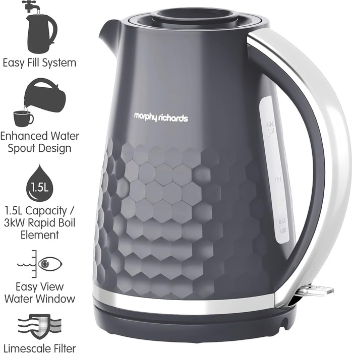 Електричний чайник Morphy Richards Hive, 1.5 л, сірий, з фільтром від накипу