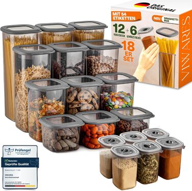 Набір контейнерів для зберігання продуктів 12 шт. з кришкою, BPA-Free, для круп, борошна, спецій, органайзер для кухні, герметичні контейнери для харчових продуктів (12 контейнерів + 6 дозаторів для спецій)