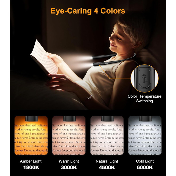 Настільна лампа Gritin для читання на шиї, з 4 кольорами та 5 рівнями яскравості - плавне регулювання, захист очей, акумулятор 80 годин, регульована шийка, ергономічне читання для ліжка/в'язання/рукоділля (чорна)