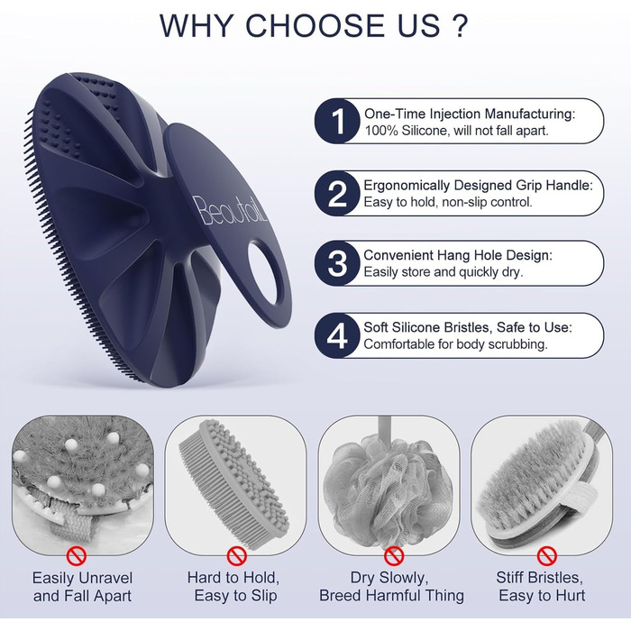 Силіконова щітка для тіла, скрабер для душу, щітка для тіла, скрабер для пелінгу, м'які щетинки, для жінок, чоловіків, дітей, чутливої шкіри, 1 шт. (рожевий+блакитний)
