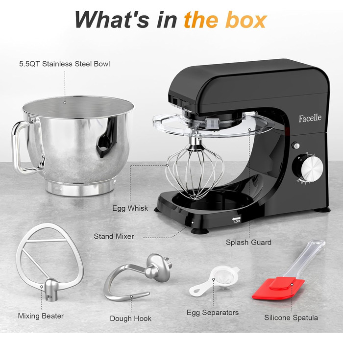Планетарний кухонний комбайн-міксер 1300W, чаша з нержавіючої сталі 5.5л, 10 швидкостей, з насадками (гак, вінчик, міксер) та захистом від бризок, чорний