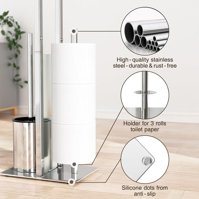Stainless Steel Toilet Paper Holder with Brush & Wet Tissue Box - Silver Finish Bathroom Set