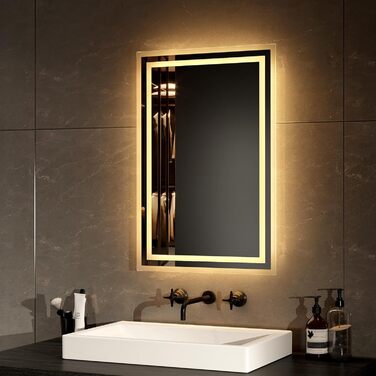 Дзеркало для ванної кімнати EMKE з підсвічуванням 40x60 см LED, антизапар, холодний/теплий білий, з кнопкою, алюмінієва рама, IP44, енергозберігаюче