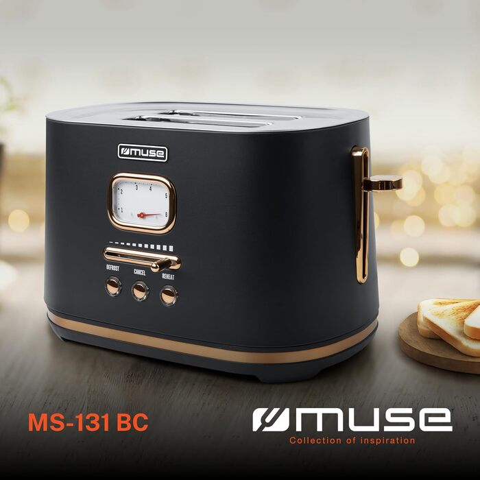 Muse stainless steel toaster in black retro design, analog display, illuminated buttons, 6 browning levels, 2-slice, MS-130 BC, vintage look, with crumb tray