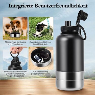 Водяна пляшка для собак на винос 4-в-1, 1000 мл, з мисками для води та корму, з нержавіючої сталі, BPA-Free