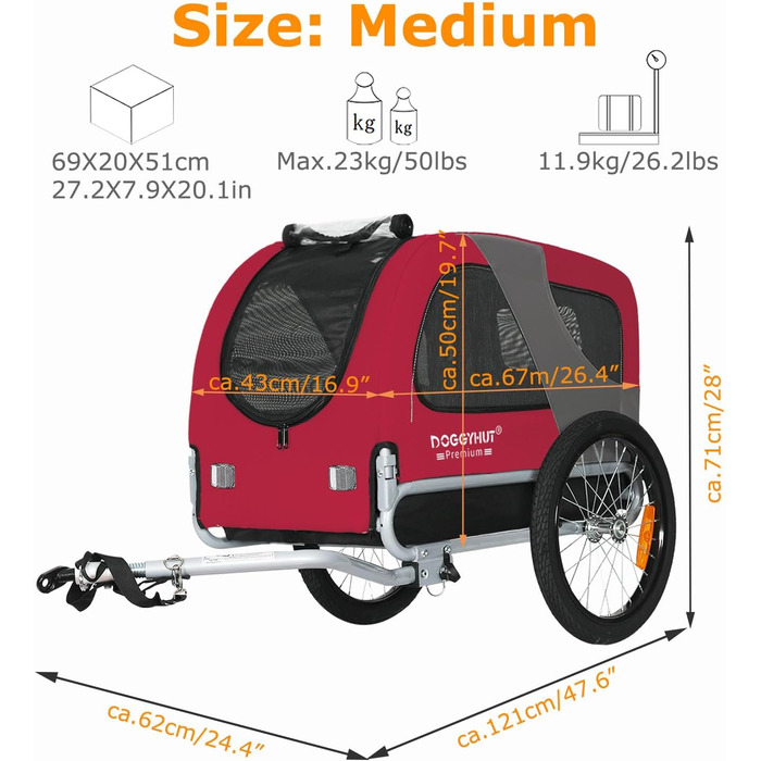 DOGGYHUT® Преміум велосипедний причіп для собак середнього розміру до 23 кг, складний (червоний)