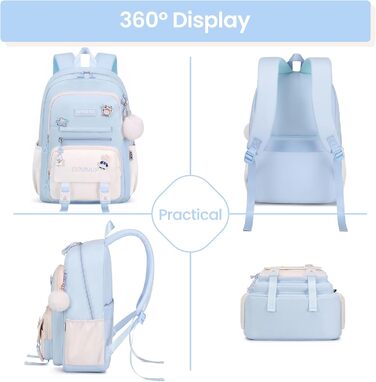Шкільний рюкзак Tanou для дівчаток-підлітків, велика місткість, 3-7 клас, легкий нейлон, стильний, блакитний