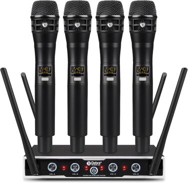 Debra 4-канальний UHF мікрофонний набір з 16 частотами | 80м радіус дії, 4x Bodypack + Headset/Lavalier | Професійний звук для співу, караоке та конференцій (4 мікрофони + головний)