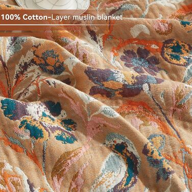 Богемна ковдра Boho 150x200 см з 100% бавовни, двостороння муслінова ковдра, плед для дивану та ліжка, patchwork, літня ковдра для вітальні, зелено-бежева (230x250 см, квіти та птахи)