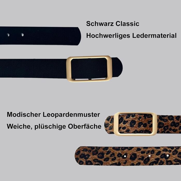 Жіночий шкіряний ремінь для джинсів, спідниць та суконь, чорний та з леопардовим принтом, змінна золота пряжка 3 см, розмір M (110 см), талія 86-96 см
