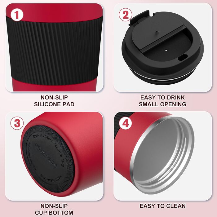 Термокружка для кави з кришкою, 380 мл, з подвійними стінками, з нержавіючої сталі, червоно-чорна