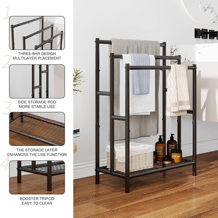 Підставка для рушників, тримач рушників, стійка для рушників на 3 рейки, чорний, для ванної кімнати