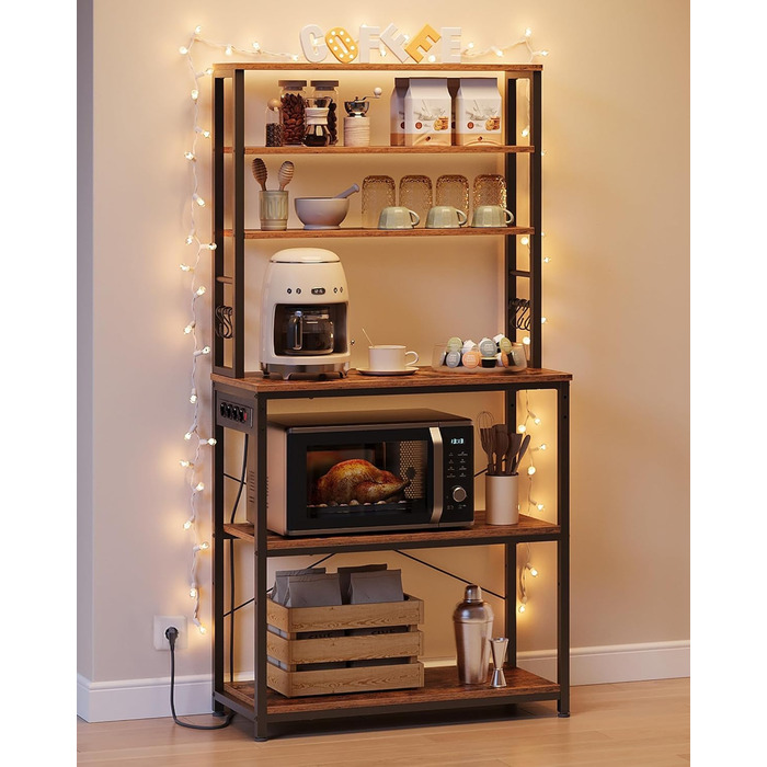 Стелаж кухонний VASAGLE з розетками, 6 полиць, гачки, сталевий каркас, 40x60x167 см, колір горіх + білий