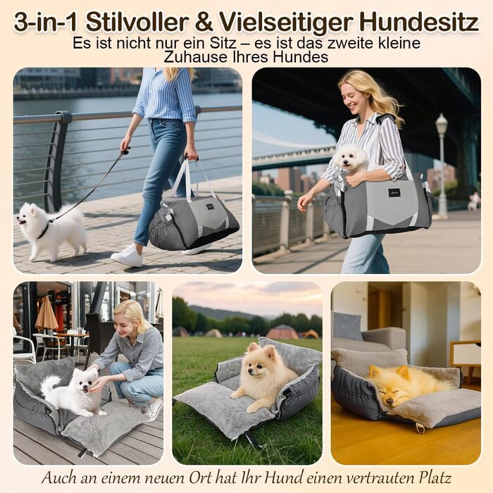 Автокрісло для собак 3-в-1 з переносною ліжком для маленьких собак – зручне автокрісло з розкладною поверхнею, м'яким матрацом, для переднього або заднього сидіння, внутрішнє та зовнішнє (02-Сірий)