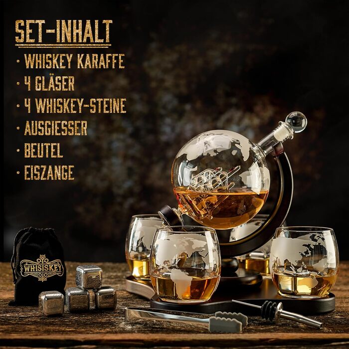 Whiskey Carafe Set - Whiskey Gift Set - Gifts for Men - Men's Gifts Gift - Birthday Gift for Men - Globe Decanter 900ML, Gift Box, 4 Whiskey Glasses, 4 Whiskey Stones