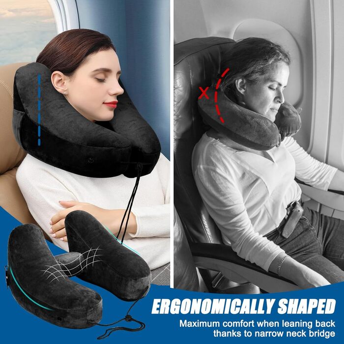 Подушка для шиї в літак, авто: надувна з капюшоном, для дорослих, Travel Pillow, чорна