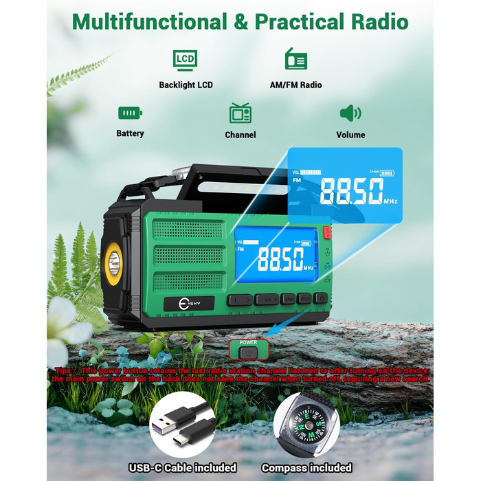 Радіоприймач Esky Kurbelradio з сонячною батареєю, 10000mAh, AM/FM, USB-зарядка, LED-ліхтарик, SOS-сигнал, компас, портативне для кемпінгу та надзвичайних ситуацій, зелений