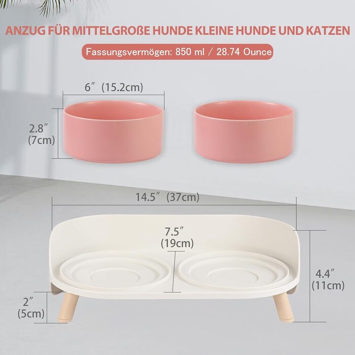 Набір мисок для собак з кераміки - 2 шт. з антиковзним підставкою - годівниця для собак та котів, рожевий колір