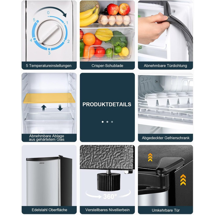 Холодильник Upstreman 91L з функцією швидкого охолодження, 5 температурних режимів (1-8℃), енергоефективний, 41 дБ, компактний та місткий, для студентського гуртожитку/офісу, BR321 (срібний)