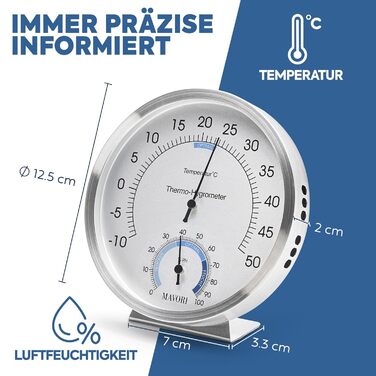 MAVORI® 2-in-1 Stainless Steel Thermometer & Hygrometer | Analog Hygrometer & Thermometer | Humidity Meter & Room Thermometer for a Healthy Indoor Climate | Ø 12.5cm
