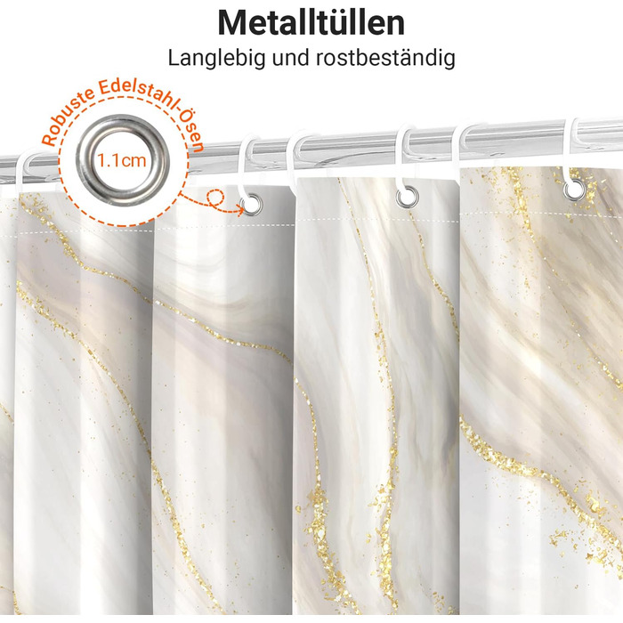 Штора для ванної кімнати 180x200 см з антигрибковим покриттям, водовідштовхувальна, поліестер, з кільцями (Phnom Penh Сірий мармур)