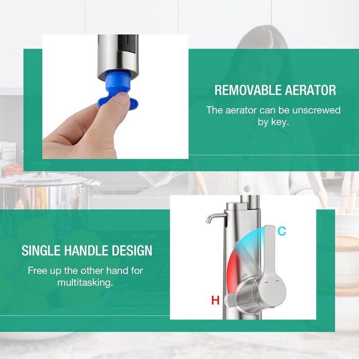 Змішувач для кухні CREA Wasserfall з висувною лійкою, нержавіюча сталь, з дозатором мила, поворотний на 360°, 4 режими струменя, водоспадний ефект